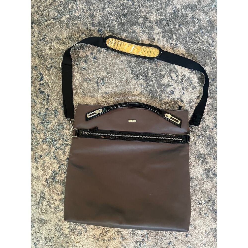Abbi Vegan Leather Tote Gray/Black Patent Handles Trim Interior Strap- Laptop